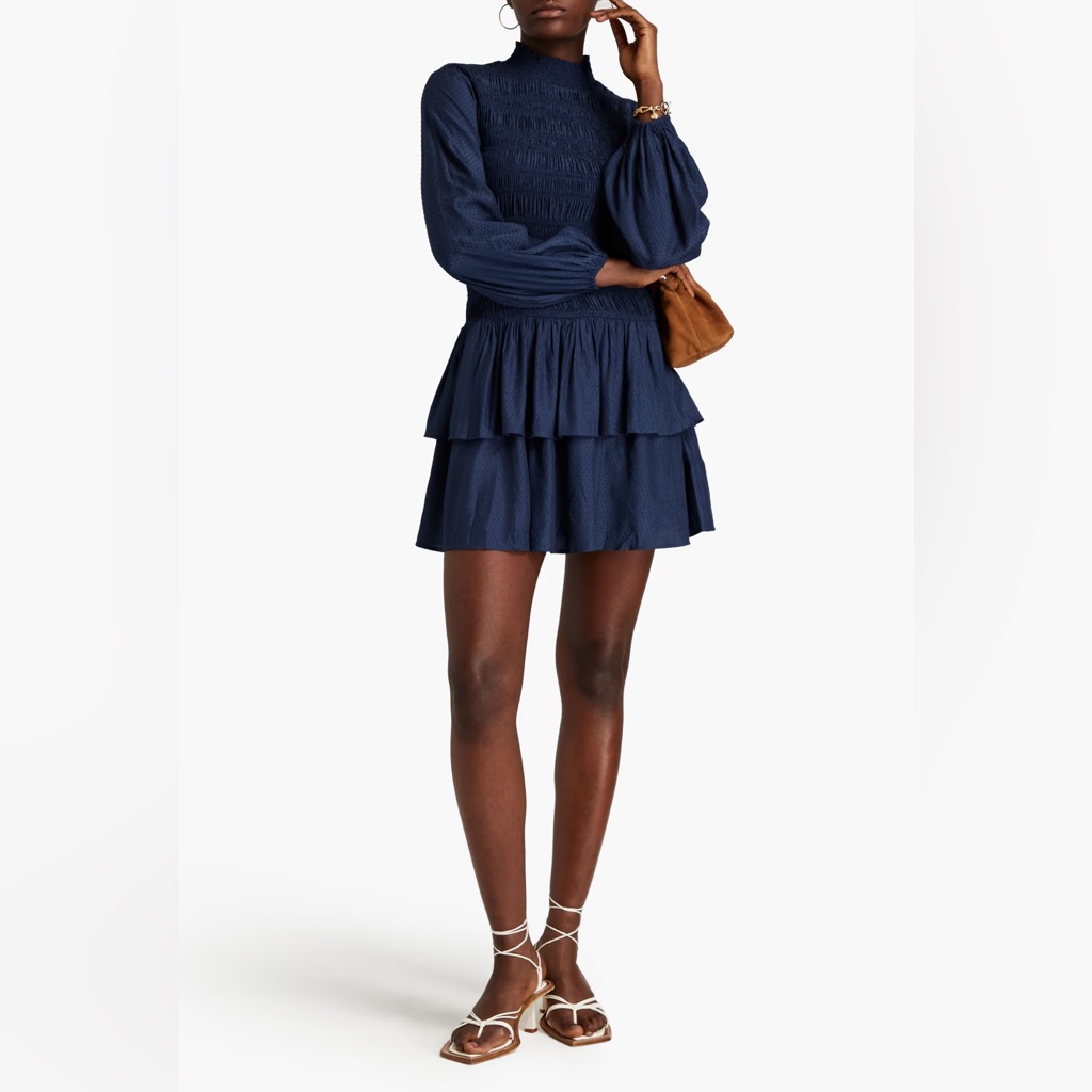 Maje Shirred Ruffled Swiss-Dot Mini Dress